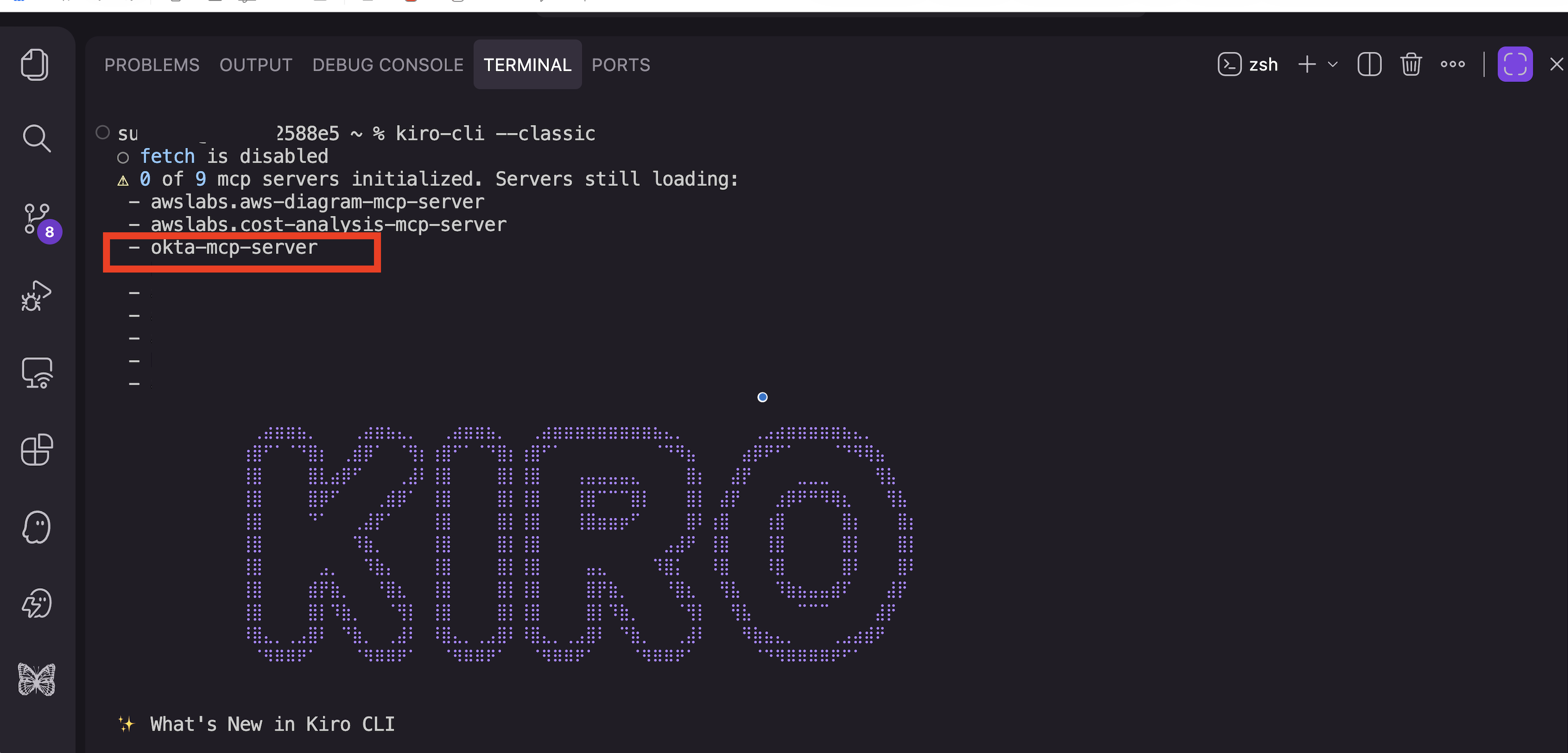 Screenshot of the Kiro IDE showing the Terminal tab with the Kiro CLI running. The terminal displays the okta-mcp-server being initialized and ready for use.